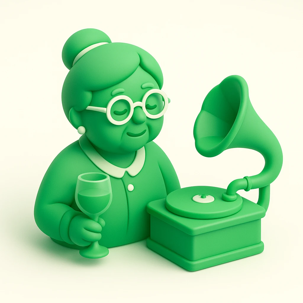 old lady with wineglass listening to gramophone emoji