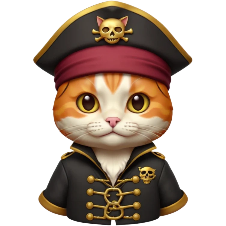 Premium 3D emoji icon of a cute ginger cat pirate, wearing a **burgundy red** pirate hat with a gold skull icon, and a black and gold captain's jacket. Glossy finish, claymorphism style, soft studio lighting, isolated on white background, 8k resolution, stylized professional look --v 6.0 emoji
