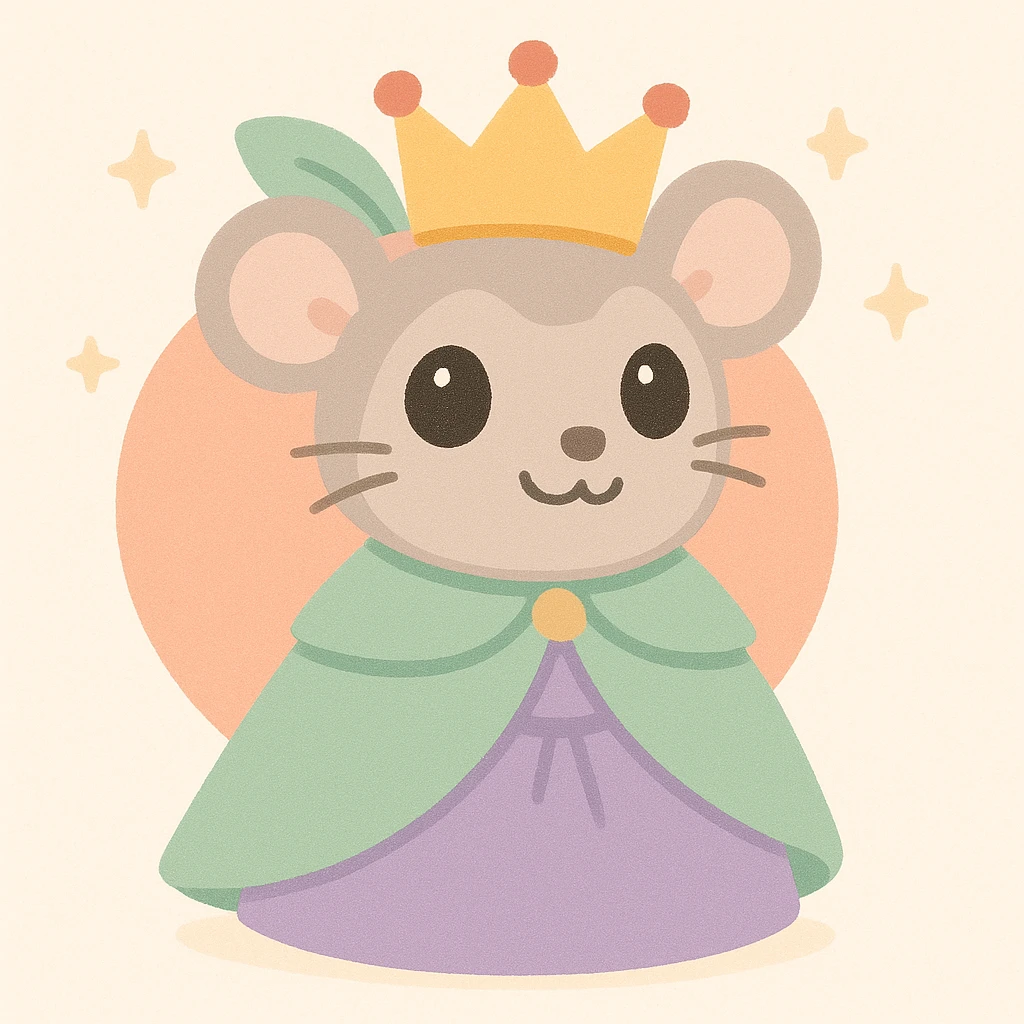 a peach with a rat queen's face, wearing royal attire, playful and charming, soft pastel colors emoji