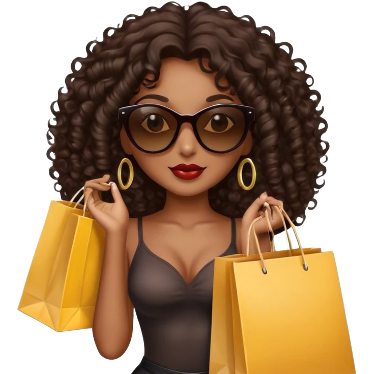 Rich dark brown girl with dark brown mid-length curly hair expensive retail shopping bags and sunglasses emoji