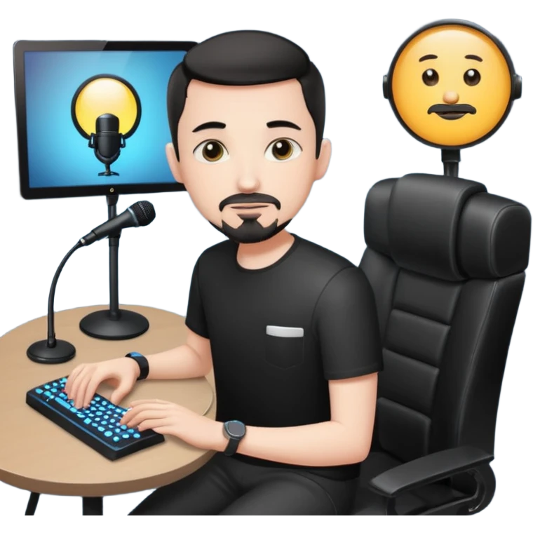 a setup of a youtuber, white skin, thin goatee, black short hair, with a desktop pc on a table, a gaming chair, microphone, ring light emoji