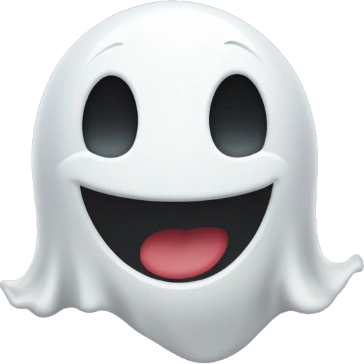 ghost with a round white body, raised arms, and one eye winking. The ghost should have the same playful expression but with a different mouth—give it a big, happy open smile instead of a tongue sticking out. Keep the design simple and cute emoji