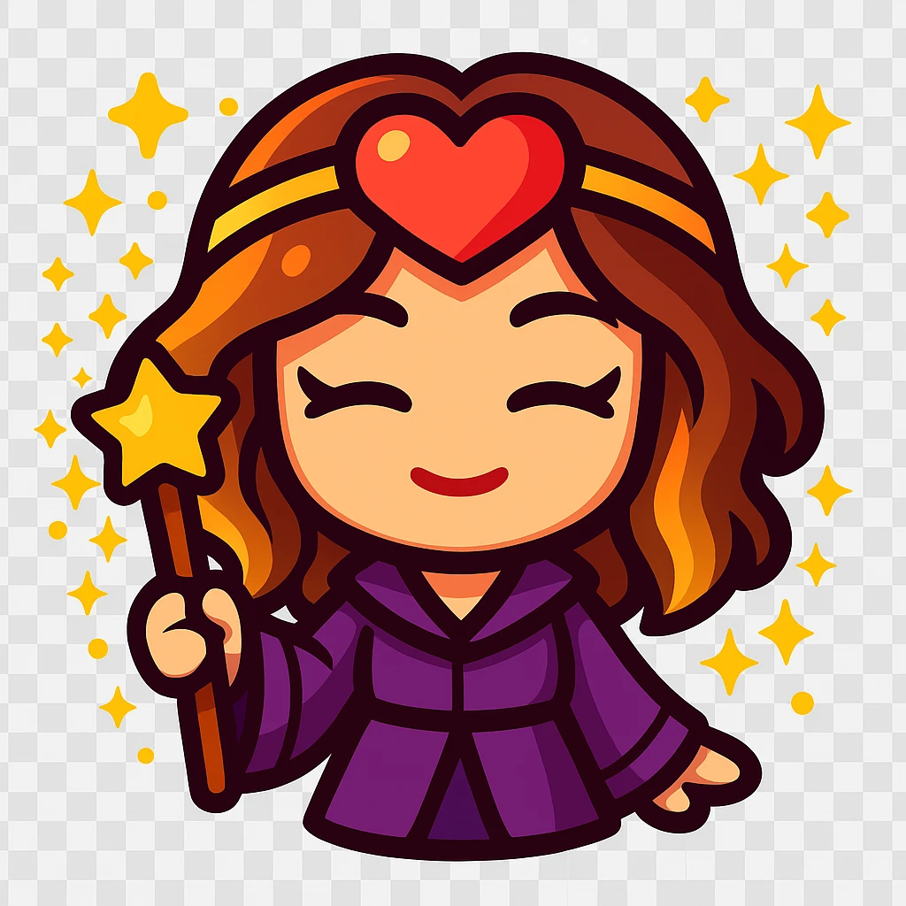 Transform this person into a cute chibi-style sorceress emoji with a heart-shaped headband and sparkly magical aura. Vibrant colors emoji