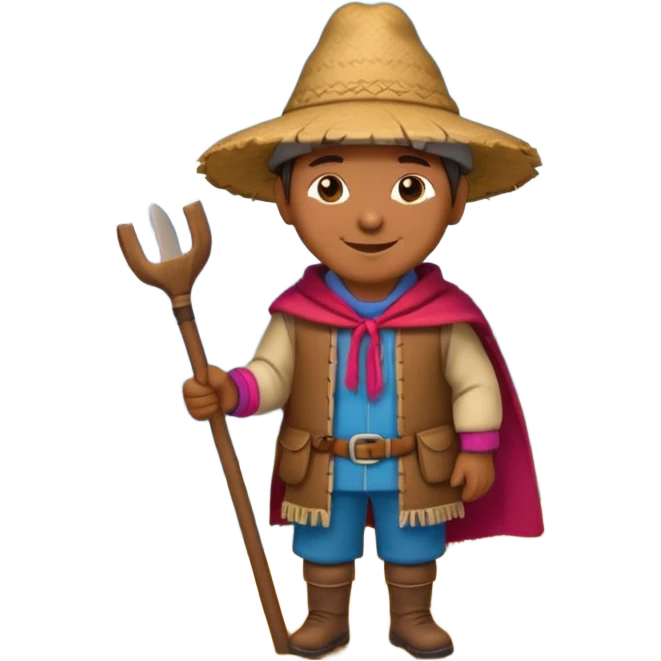 3D emoji style illustration of a Peruvian Andean farmer, wearing traditional chullo hat and poncho, holding a hoe, smiling, mountains in background, bright natural colors, bold outlines, glossy sticker style, transparent background emoji