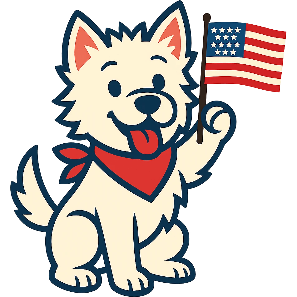 happy Westie dog waving a small US flag, energetic patriotic, vibrant toon style emoji