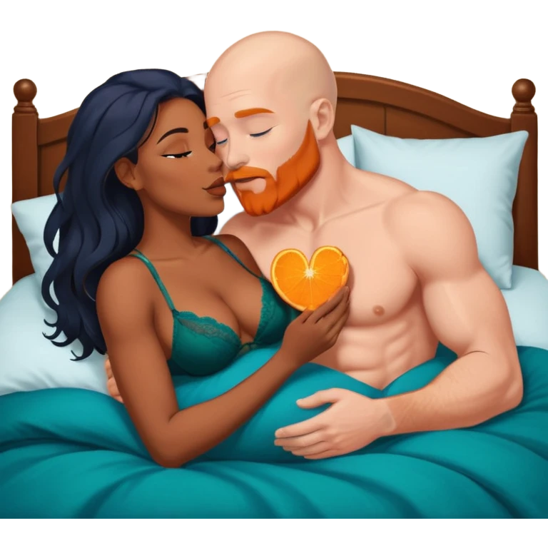 Muscular Bald white male who has a orange beard & blue eyes, passionate kissing curvy African American dark brown woman who has long brown/black hair wearing dark green lingerie Laying in bed displaying love, making tenderness, physical romance, pair-bonding & affection, caress  emoji