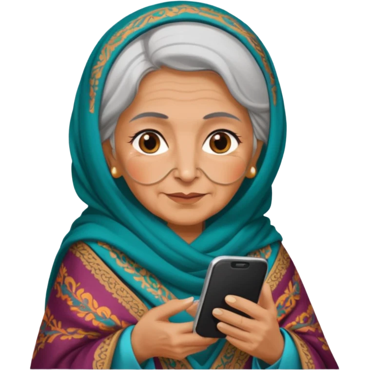 persian old woman Persian shawl with smartphone, half body emoji