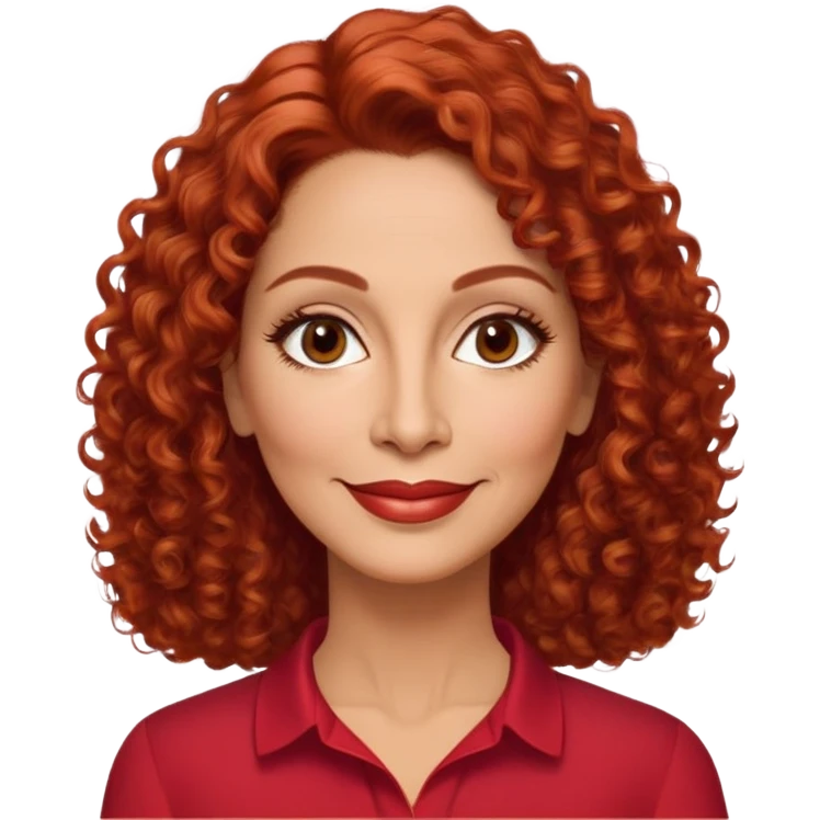 Puerto Rican actress in her 50s with elongated face, soft features, highlighted cheekbones, friendly warm smile, medium almond-shaped brown eyes, defined medium eyebrows, straight fine nose, medium lips with accessible smile, vibrant red curly hair with artistic styling, wearing a solid red blouse emoji