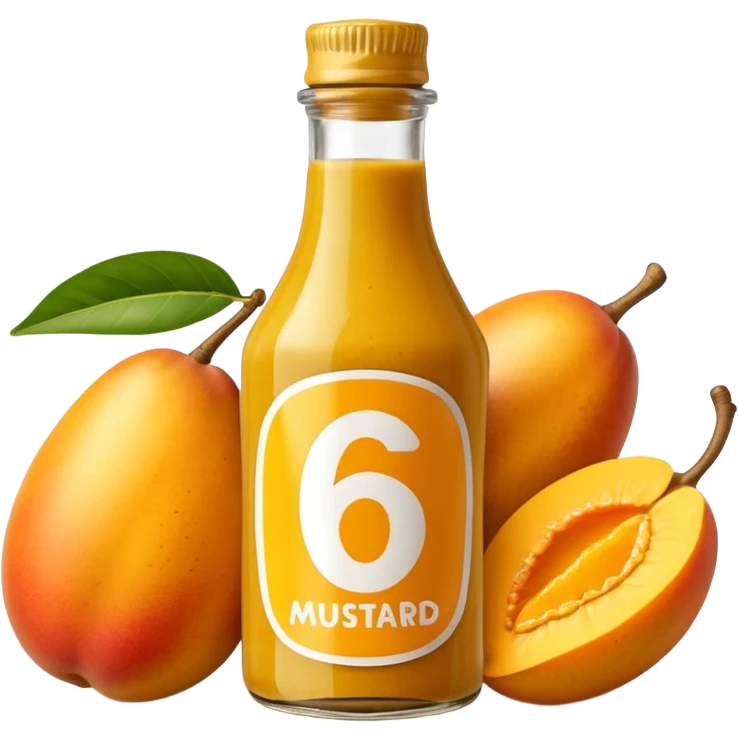 Bottle of mustard that says 67 with mangoes next to it emoji