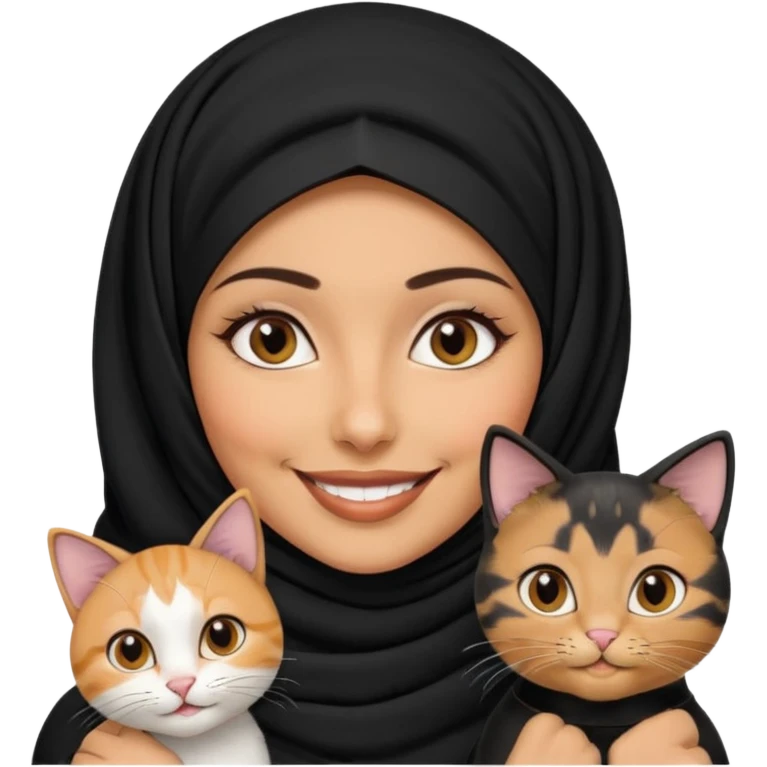 A Arabic woman human with brown eyes and black hijab. , the human is a human no cat ears, two cats, the both cats have the colour black and white in the same colour,  NO CAT EARS ON THE HUMAN  emoji