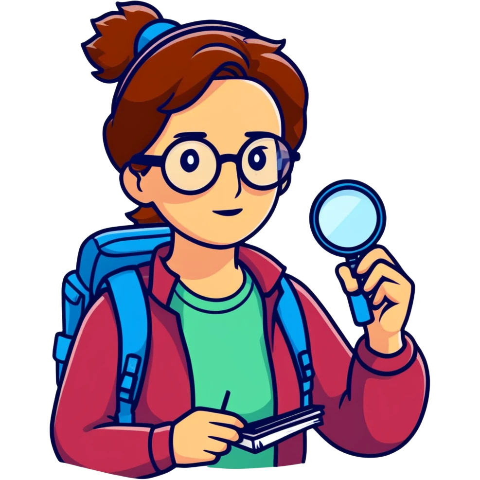 Adventurous woman scientist in her late 30s, glasses, vibrant hiking gear, examining with one magnifying glass, bold colorful style emoji