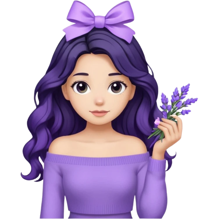 Girl with black wavy long hair and a lavender ribbon hair clip beside it make it look like wearing a lavender off shoulder sweater  emoji