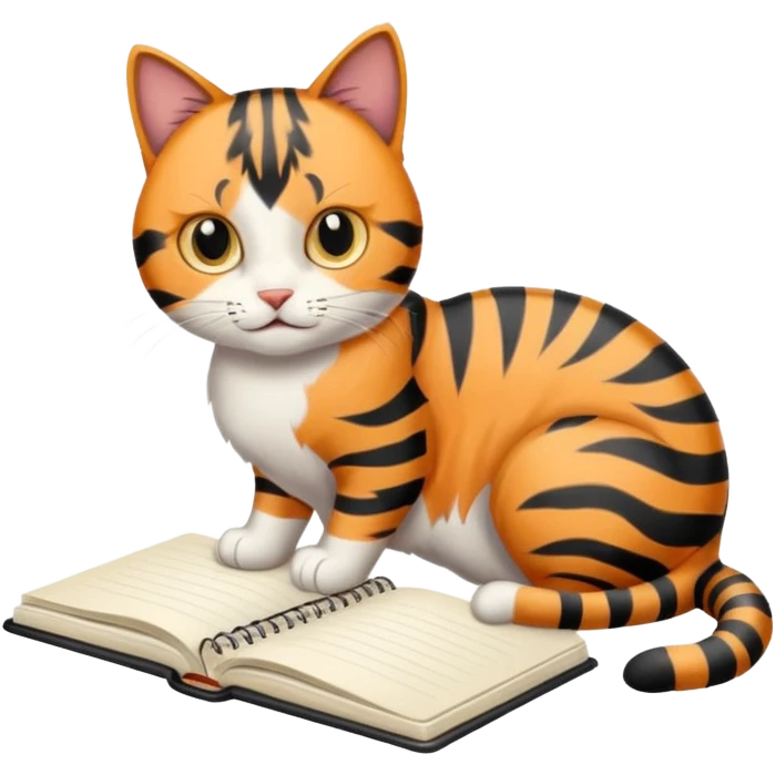 gatita con manchas negras atigradas viendo una libreta anillada emoji