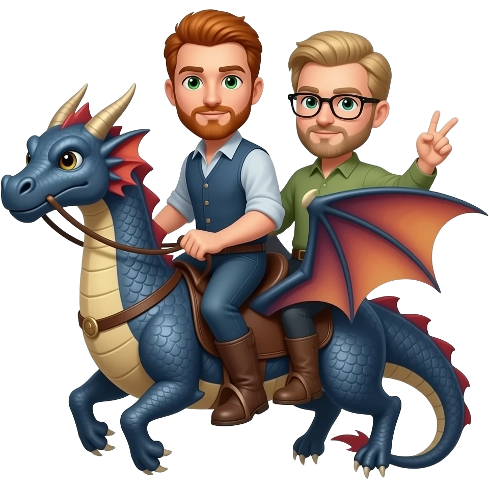 man with short red hair and green eyes, short beard with his partner who has blond hair and short beard, more oval shape head and wears glasses, both riding a dragon emoji
