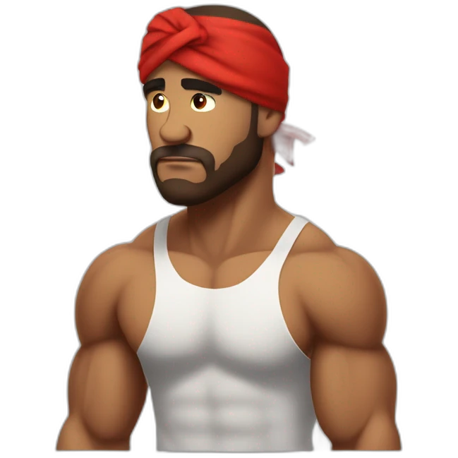 muscular man in red bandana standing sideways turns his head to face the viewer,his hand is bent in the elbow,torso emoji
