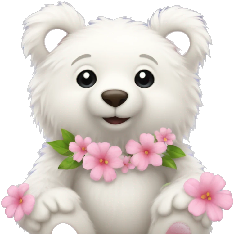 fluffy baby white bear with pink hearts and flowers emoji