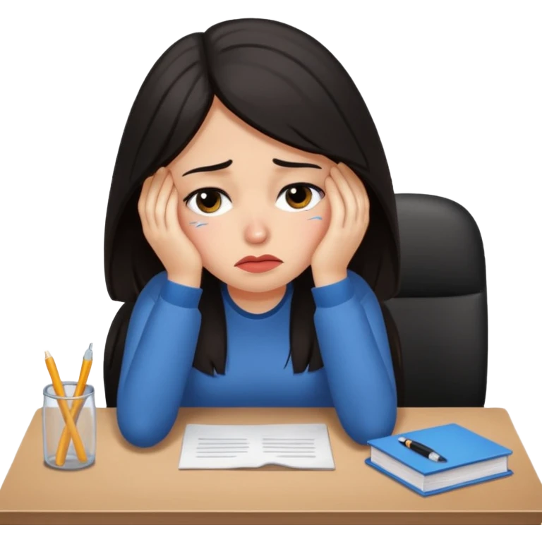  iOS emoji style - An sad and overwhelmed woman sitting at a desk. She has dark hair. emoji