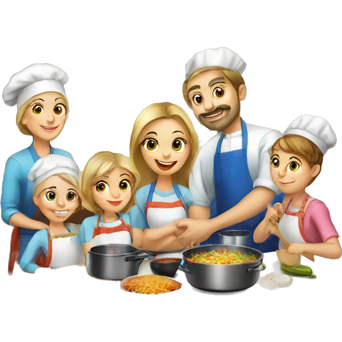 Russian family of 7 members cooking together at kitchen emoji