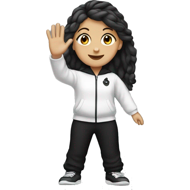 white girl in black tracksuit waving emoji