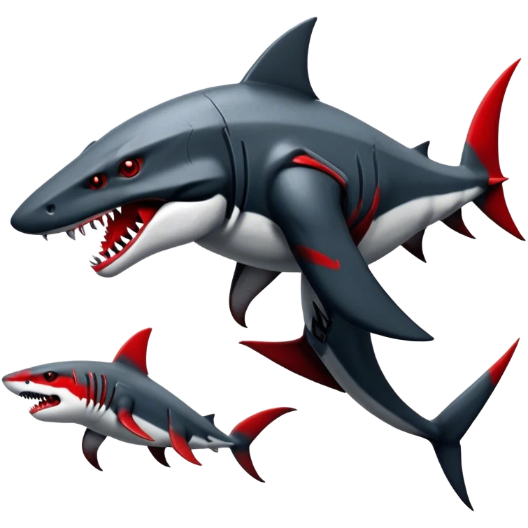 Realistic dark edgy futuristic modern advanced Sharpedo-Houndoom-Garchomp-Gabite-Scizor-sergal-hybrid-animal creature with a shark-tail and red scars, full body, with cool sharp markings  emoji