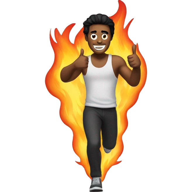 a man running with black hair and his thumbs up with fire behind him emoji