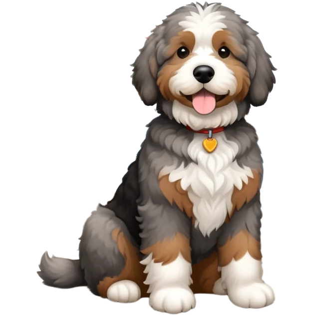 Gray and light brown bernedoodle sitting by the Golden Gate Bridge  emoji