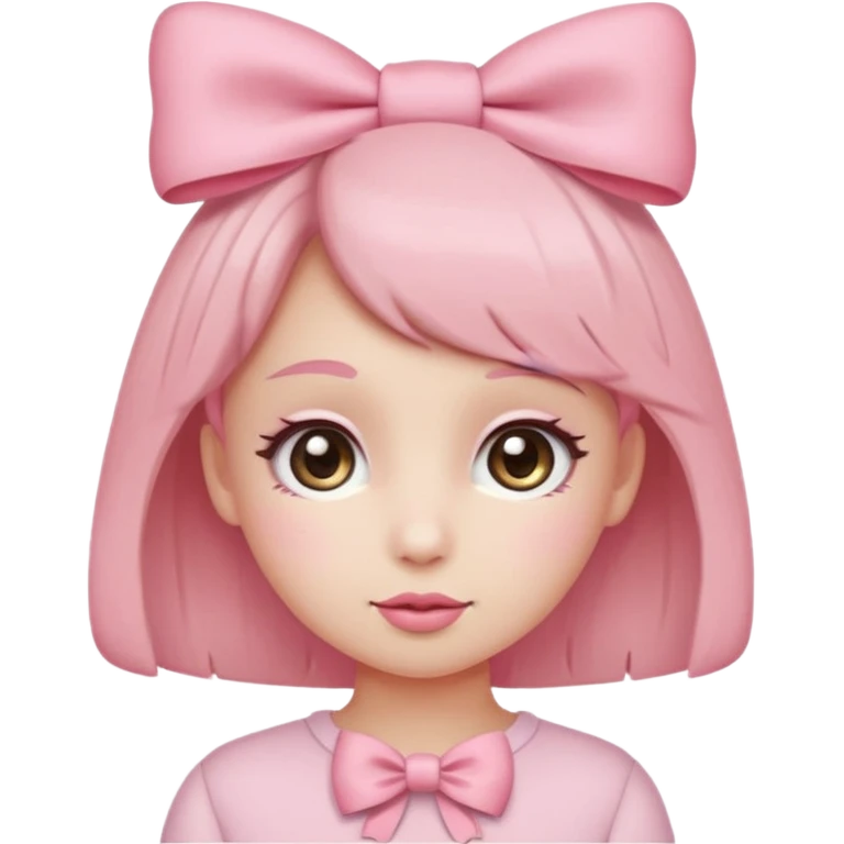 Cute coquette emoji, round face, big sparkling eyes, soft blush on cheeks, small pink bow on top of the head, pastel colors, simple vector style, transparent background


 emoji