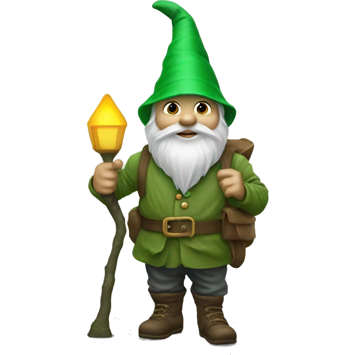 Garden gnome stand with a stick and a latern wearing a green hat emoji
