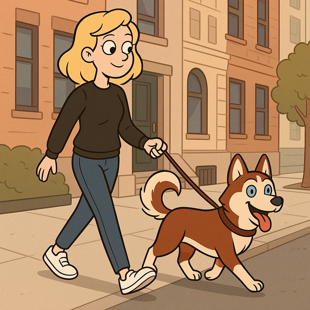 Cute Blonde woman wearing a black sweater and jeans and white sneakers walking a happy red-brown blue-eyed Siberian husky in New York City on an upper east side city sidewalk  emoji