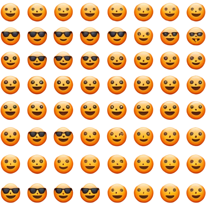 Minimalist flat emoji icon set, bright vivid orange symbols (#FF6200 or #FF8C00) on pure black background (#000000), sharp clean edges, no gradients, no shadows, high contrast, simple geometric shapes, modern UI icon style like Telegram stickers or Discord emojis emoji