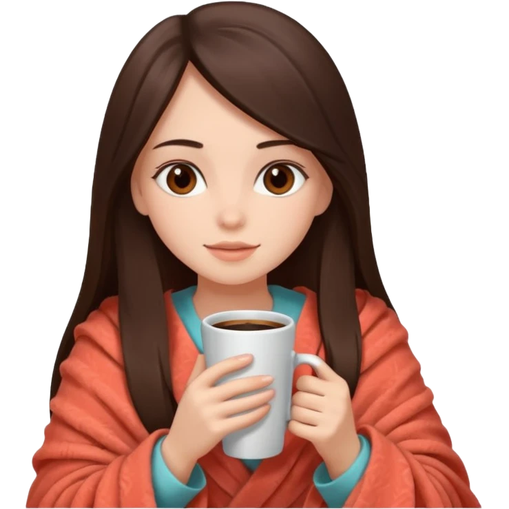 Девушка брюнетка с прямыми длинными волосами, кардиями глазами укутана в пушистый плед кораллового цвета и пьет кофе. Картинка должна были в цветах: бежевый, коралловый и коричневый emoji