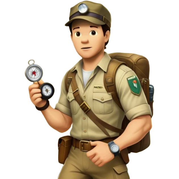 A vintage movie poster-style collage. Include action-packed elements like a treasure map, jungle scenes, a rugged explorer with a compass and a speeding jeep. Add a shadowy figure resembling close-up Mark Wahlberg in adventurous gear. Jungle background. Transparent background. emoji
