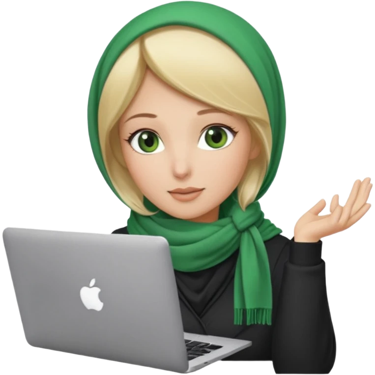 blond women skine , with green eyes , with scarf hijab , heid the hair, with macbook emoji