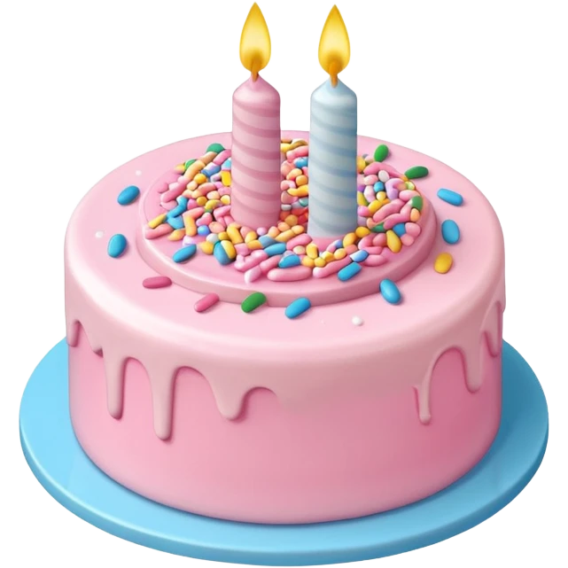 Draw a birthday cake with pink cream and topping on the top side using an isometric camera with a High-Angle Shot. emoji