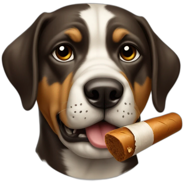 A dog with a bone in its mouth like a cigar and a mobster face with an intriguing expression emoji