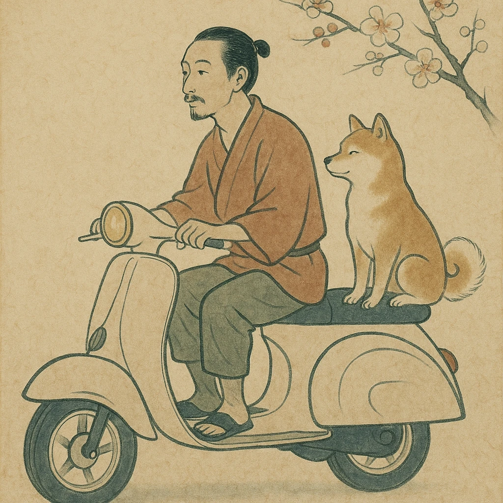 man and his pet dog riding a vespa emoji