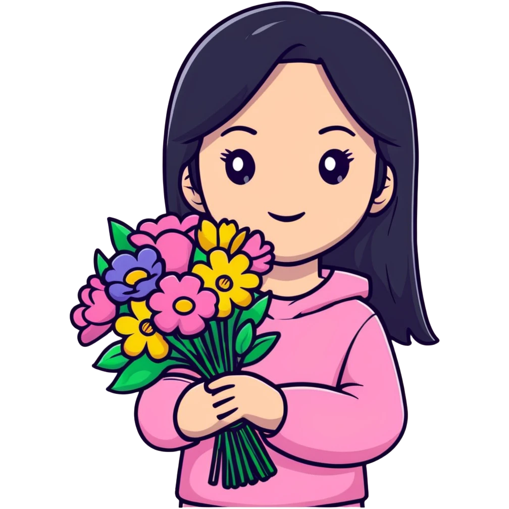 Beautiful girl with long straight black hair, fair skin, wearing pink clothes, holding a bouquet of colorful flowers emoji