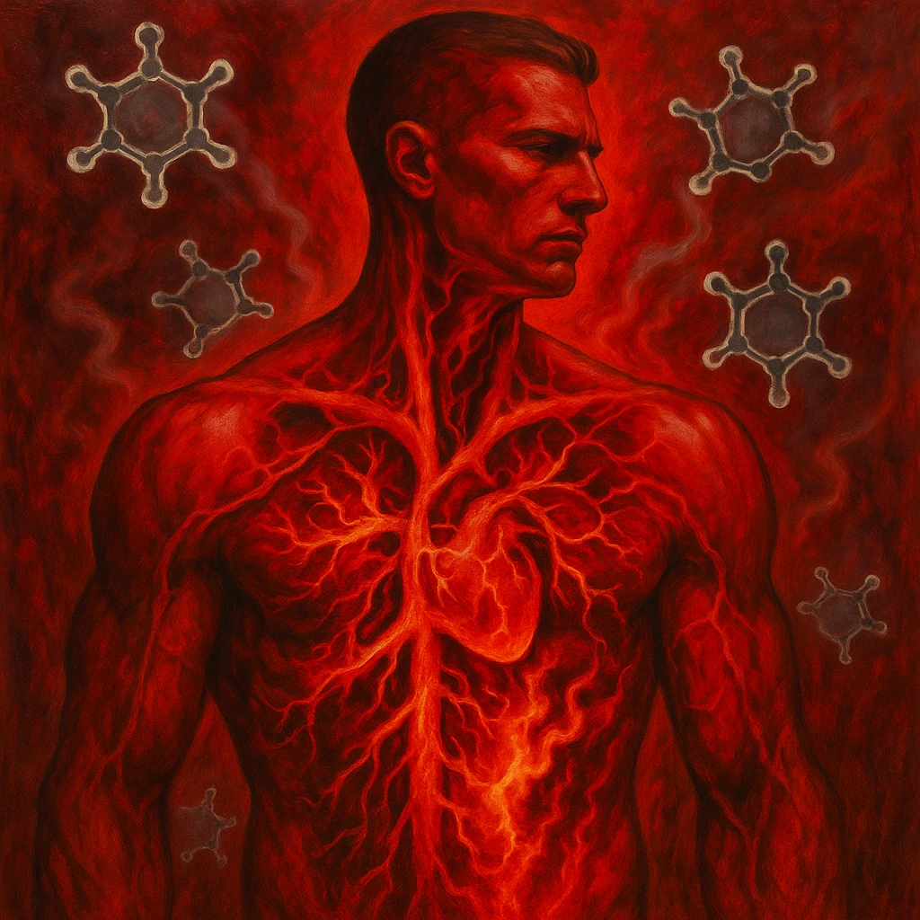 surreal anatomical view of a human body strong on the outside, but inside arteries with flows of oxidized omega-6 fatty acids like fire or acid causing inflammation; hexane molecules floating like ghosts; bright red tones to emphasize inflammation emoji