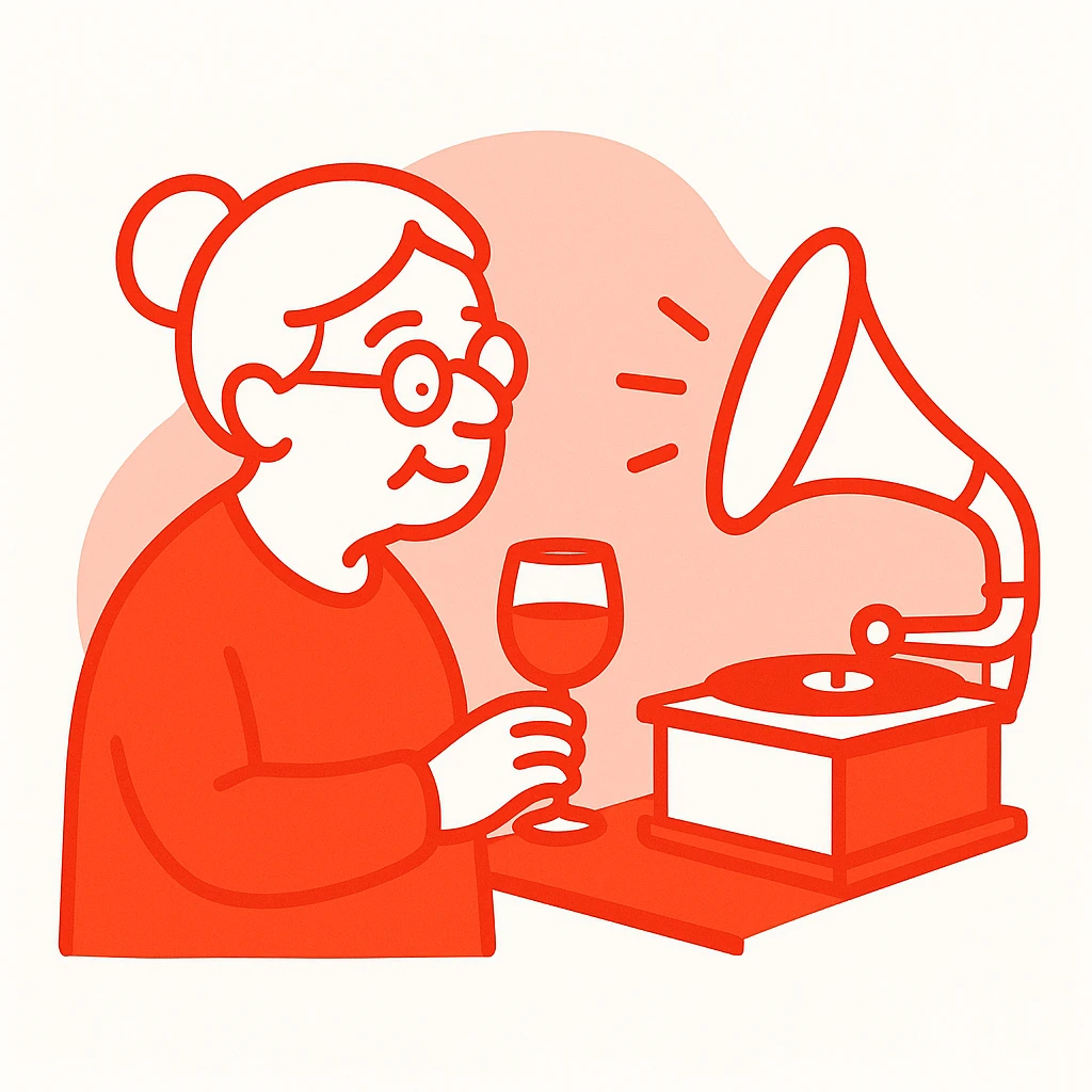 old lady with wineglass listening to gramophone emoji