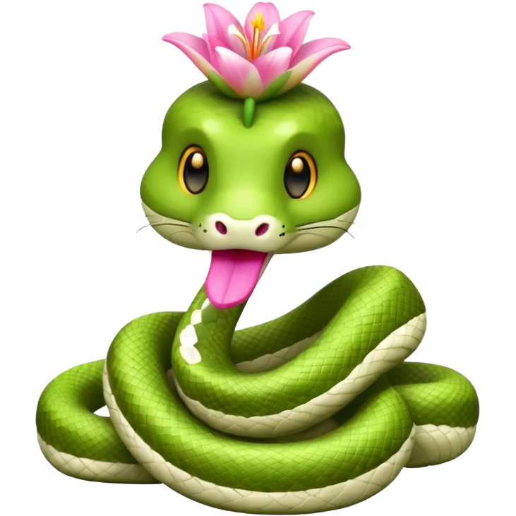 A cute, kind, furry snake doll
with a light green and white body
with a pink lily flower on its head
(no stinger in its mouth) emoji