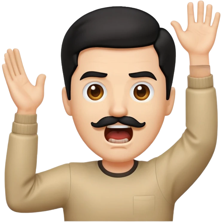 A screaming white emoji man with sideswept black hair, a rectangular mustache, lifting up his right arm with an open palm emoji