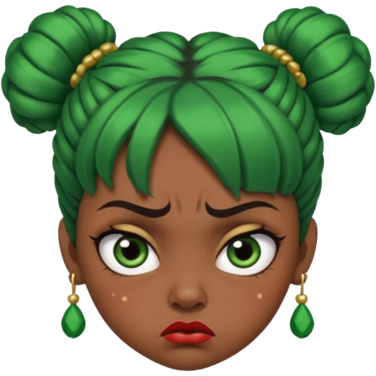 Create a 3D cartoon-style girl character with dark skin, round face, angry expression, big wide eyes, and tightly styled double buns made of green beaded hair. The girl should look irritated, eyebrows sharply angled, and lips pressed in a frown. emoji