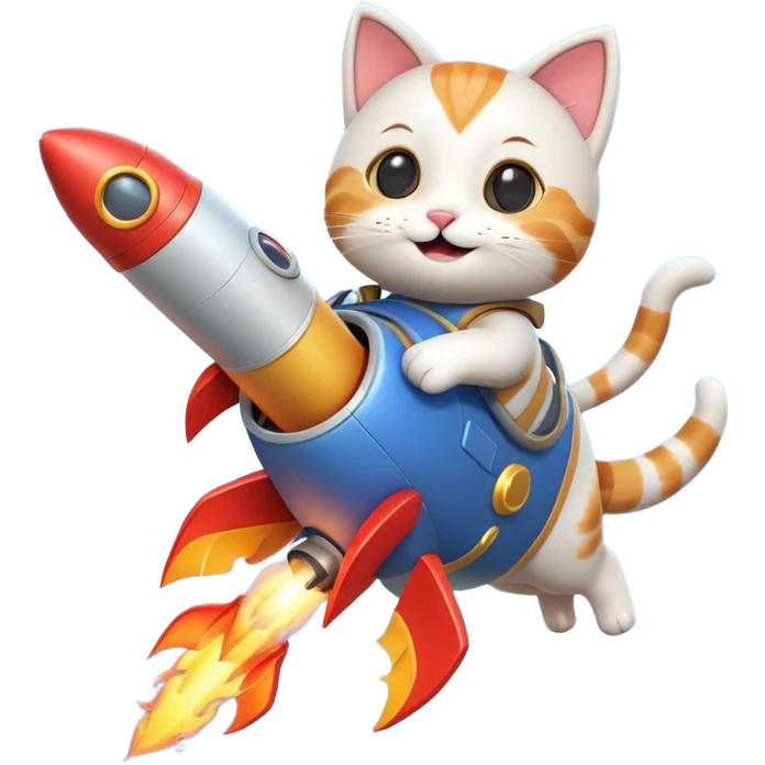cute cat flying with a rocket pack on its back, rocket flames, happy face, 3D cartoon, mobile game icon style, clean background, no text, no watermark
 emoji