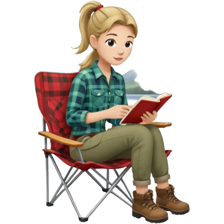 A pony tail hair woman journaling on a camping chair, enjoying the quiet nature scene. emoji