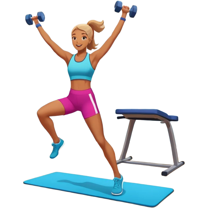 An energetic person performing an aerobics workout in a brightly lit gym, jumping and stretching with enthusiasm. The scene includes vibrant fitness equipment like dumbbells and exercise mats, with a background of cheerful, motivating colors, conveying energy and movement. emoji