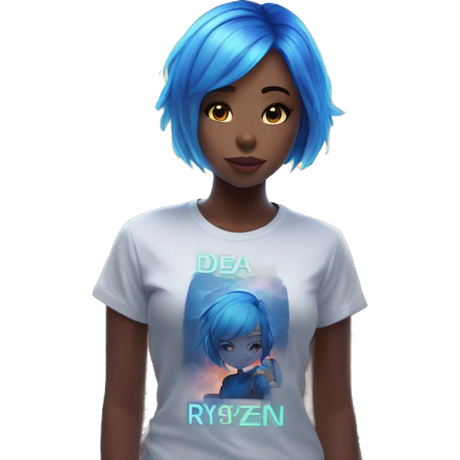 Beautiful anime girl with short blue hair near the city that glows very strongly and the inscription on the T-shirt dea "Ryzen" emoji