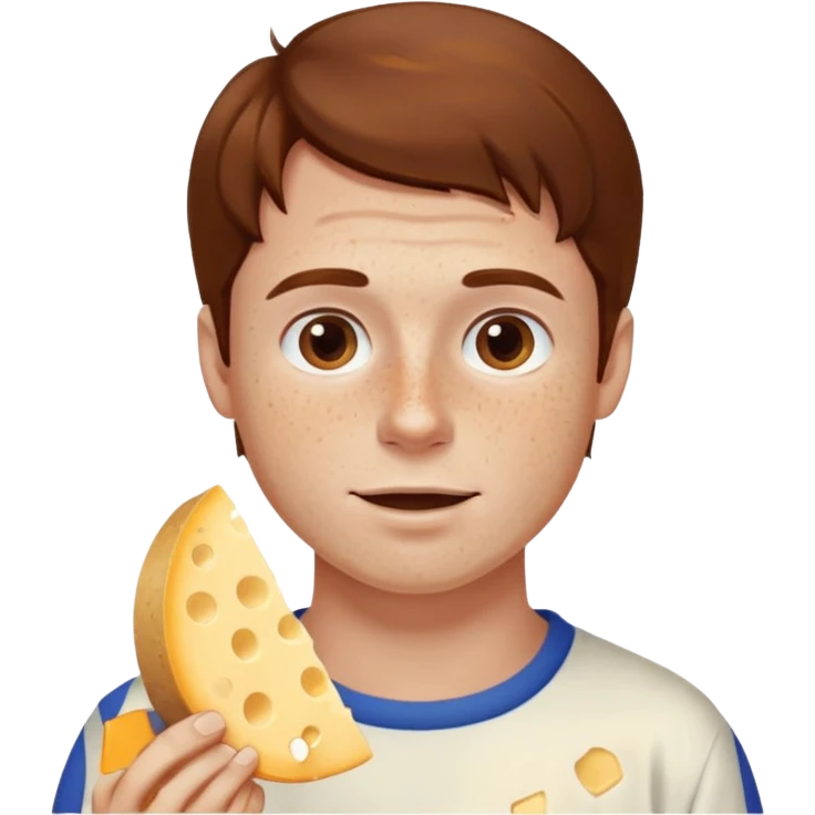 Man with brown hair and white skin with freckles, eating cheese emoji