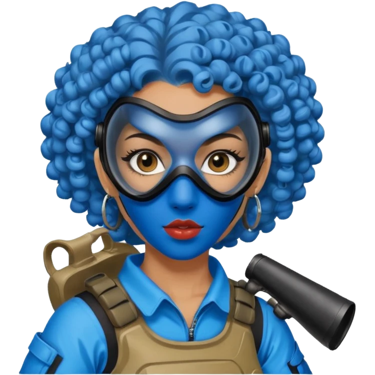 blue curly haired paintball playergirl with huge earrings, wearing paintball mask emoji