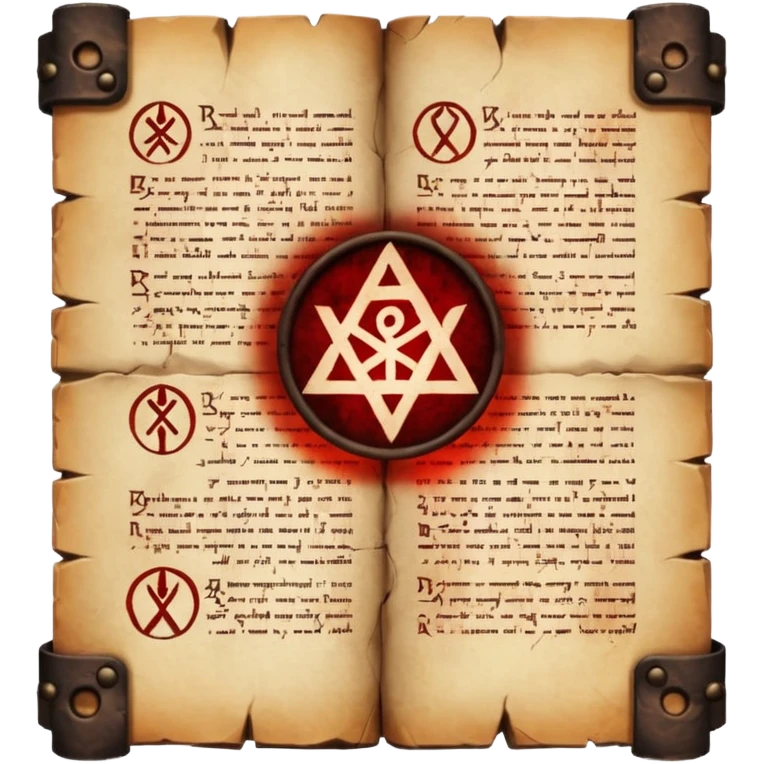 Ancient scripture page burned at the edges, cursed runes glowing faint red emoji