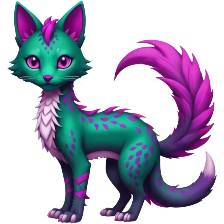 Kawaii dark edgy gloomy dark green ethereal feline-vernid-sergal-fursona animal creature with a tufted tail full body with intricate markings with magenta eyes emoji